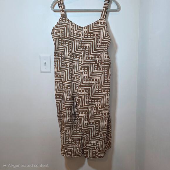 Womens Aztec Print Wide Leg Geometric Jumpsuit Overalls One Size Viscose Brown - Picture 2 of 11